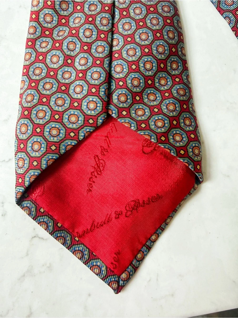 Vintage Turnbull & Asser Red Geometric medallion 100% Silk Tie 3.75” 5.5”